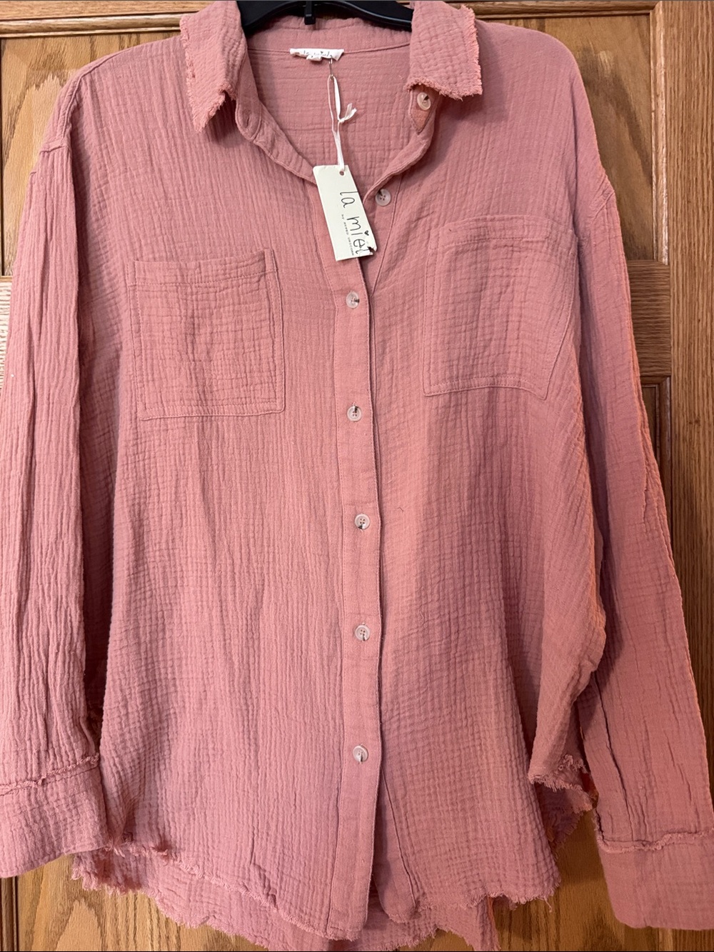 LA MIEL Dusty Rose Button-Front Cotton Gauze Blouse